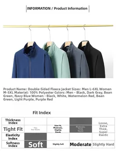 Detail of double-sided polar fleece jacket showing size charts and fabric composition