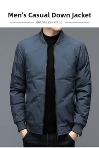 Detail of grey-blue down jacket showing matte fabric texture and ribbed stand collar