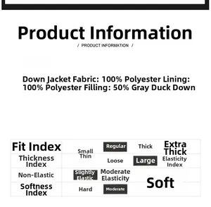 Detailed material specifications for winter jacket featuring 50% grey duck down filling