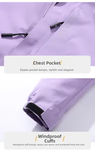 Détail de la poche zippée imperméable et des poignets réglables sur la veste de plein air mauve