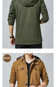 Detail view of cotton cargo jacket in army green and yellow with hood and pockets
