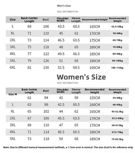 Detailed size information chart for men and women polar fleece jacket from M to 6XL