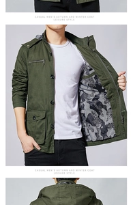 Detail of army green cotton jacket showing military style epaulets and camouflage lining
