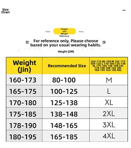 Men's winter down jacket size chart with height and weight recommendations from M to 4XL