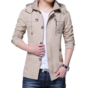 Men's casual khaki hooded jacket with plaid lining and stylish double-breasted design