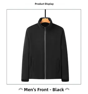 Close-up of black fleece jacket with full zipper, stand collar and textured fabric detail