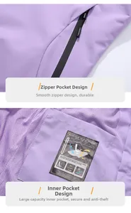 Détail de veste outdoor violette avec poche intérieure et doublure respirante
