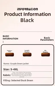Detailed chart showing couple's down jacket material and size specs from S to 4XL