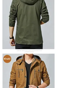 Front and back detail of hooded cotton jacket in earth yellow and olive green colors
