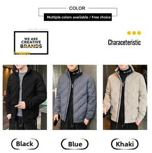 Three-color comparison of men's quilted puffer jackets in black, blue and khaki colors