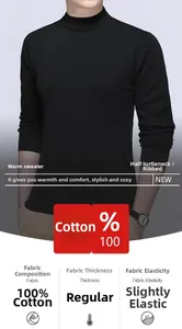 Detail of men's black 100% cotton knit sweater with mock neck and ribbed texture