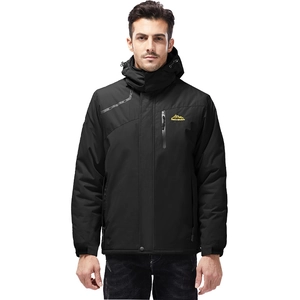 Men's black waterproof outdoor hooded jacket with fleece lining and yellow mountain logo