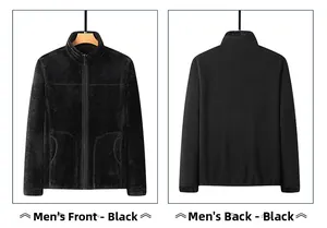 Detail view of men's reversible black fleece jacket with standing collar and pockets