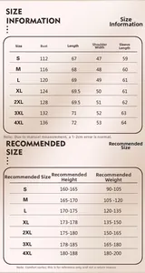 Detailed size guide table for down jacket featuring measurements from S to 4XL for unisex fit
