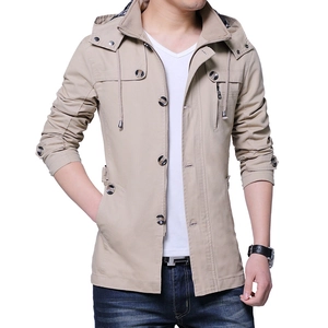 Men's khaki hooded casual jacket featuring dual zipper and button closure in a slim fit