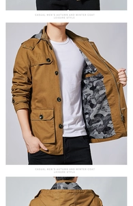 Detailed views of cotton work jacket with camouflage lining and multi-pocket design