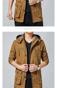 Detail of khaki cotton jacket showing multiple functional pockets and durable stitching