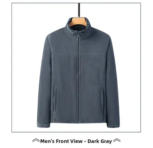 Close-up of deep gray men's fleece jacket showing smooth zipper and warm fleece texture