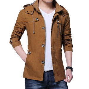 Men's casual hooded khaki work jacket with multi-pocket design and zip closure