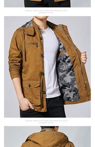 Detail of hooded cotton jacket with camo lining and multi-pocket casual utility design