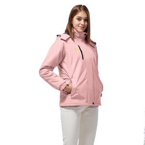 Women's light pink hooded waterproof hiking jacket with windproof design and logo