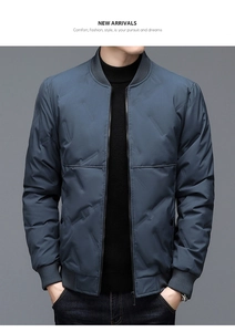 Detailed view of the quilted texture and ribbed cuffs on the men's grey-blue down jacket