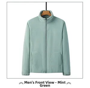 Detail view of the standing collar and zipper closure on the bean green fleece jacket