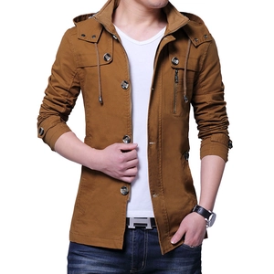 Men's casual tan hooded jacket with zipper pockets and textured canvas fabric