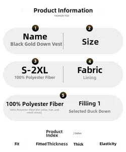 Detailed size chart and material specs for the black gold duck down puffer vest