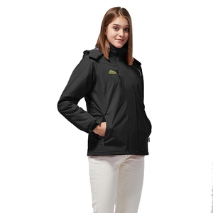Women's black waterproof outdoor ski jacket with hood and fleece lining for hiking