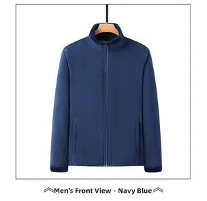Close-up of navy blue polar fleece jacket for men featuring a zipper and pockets
