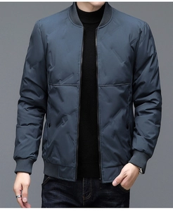 Detail of dark blue lightweight jacket with ribbed collar and cuffs for men
