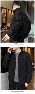 Detail of men's black puffer jacket with geometric diamond quilting and stand collar