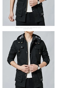 Detail of black cotton work jacket showing large buttons and multi-pocket structure