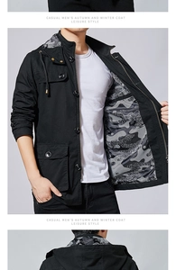 Detail of cargo jacket with camo lining, stand collar, and tactical pockets