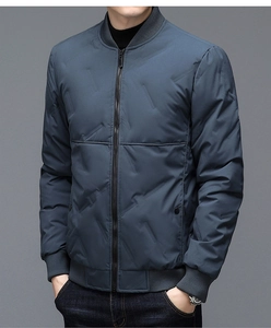 Detail of premium grey quilted down jacket featuring a ribbed stand collar and zip closure