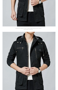 Detailed close-up of a black cotton jacket showing multi-pocket cargo design and durable metal zipper