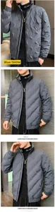 Detail of blue men winter down jacket with diagonal quilting and embroidered high collar