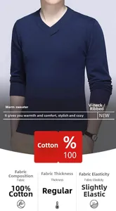 Detail view of deep blue V-neck cotton sweater featuring ribbed cuffs and neckline