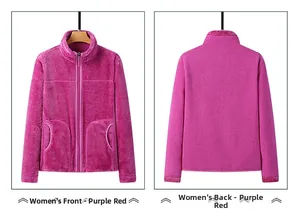 Front and back views of women's purple red fleece zip-up jacket with pockets