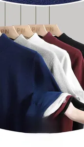 Detailed view of ribbed crew neck and soft knit texture of men long sleeve sweaters