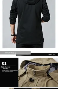 Detail display of the detachable hood and stand collar on the cotton cargo jacket