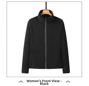 Front view of women's black polar fleece jacket with high collar and zipper pockets