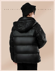 Back view of a black hooded down jacket featuring premium windproof glossy fabric
