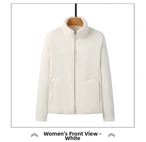 Detailed front view of women's white polar fleece jacket with zipper and side pockets