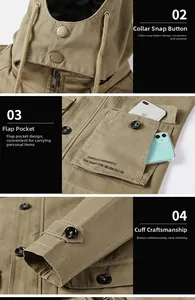Detail of khaki cotton work jacket featuring durable twill fabric and adjustable button cuffs