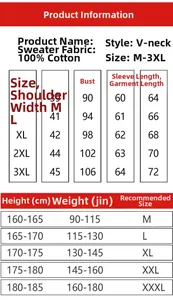 Detailed size chart for men's V-neck cotton sweater showing measurements from M to 3XL