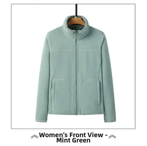 Detail of pea green fleece jacket featuring stand collar and smooth zipper pocket