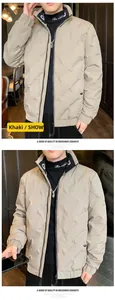 Detail of khaki quilted winter jacket with ribbed cuffs and stand collar for men