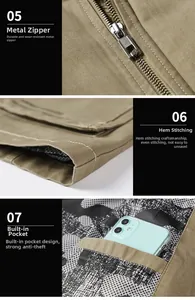 Detailed view of metal zipper, reinforced stitching, and camouflage inner pocket on jacket
